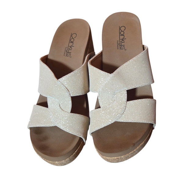 Corkys Bonny Gold Metallic Platform Cork Wedge Sandals Size 8 - Picture 2 of 10